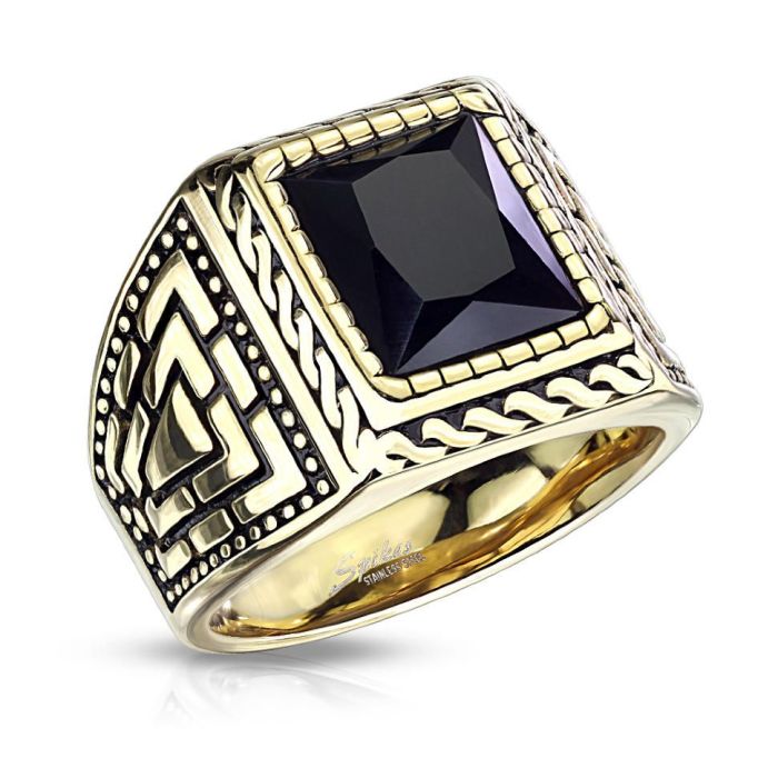 Men's steel ring with imitation black onyx Spikes R-M7159