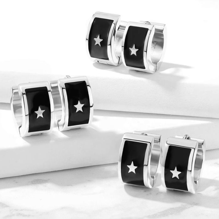 Spikes SE3533 round steel earrings with star and black enamel