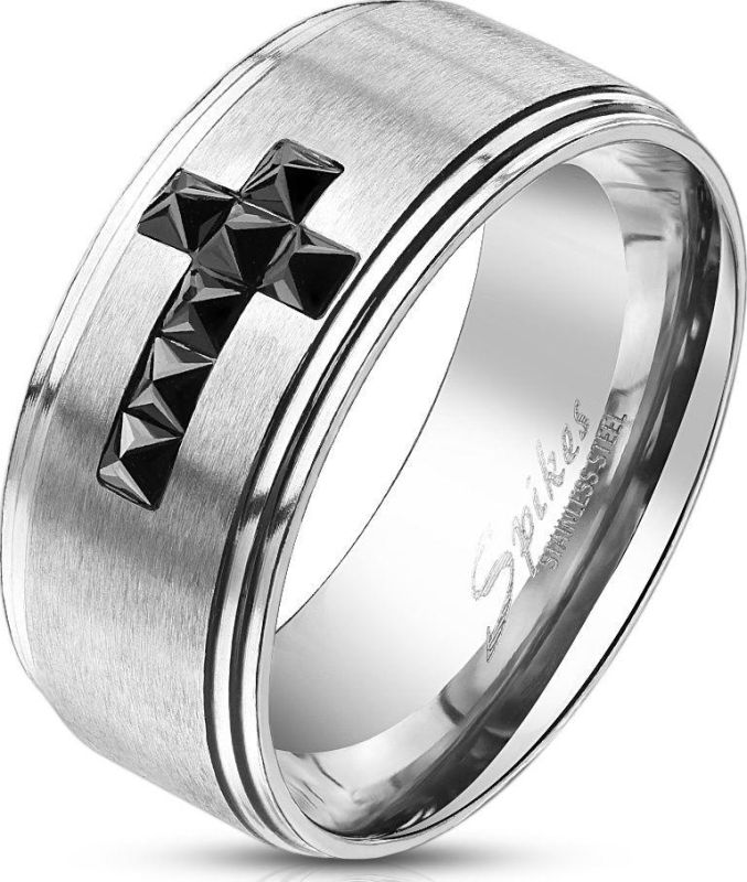 Spikes R-M6859 Men's Steel Ring with Cross and Black Phianites