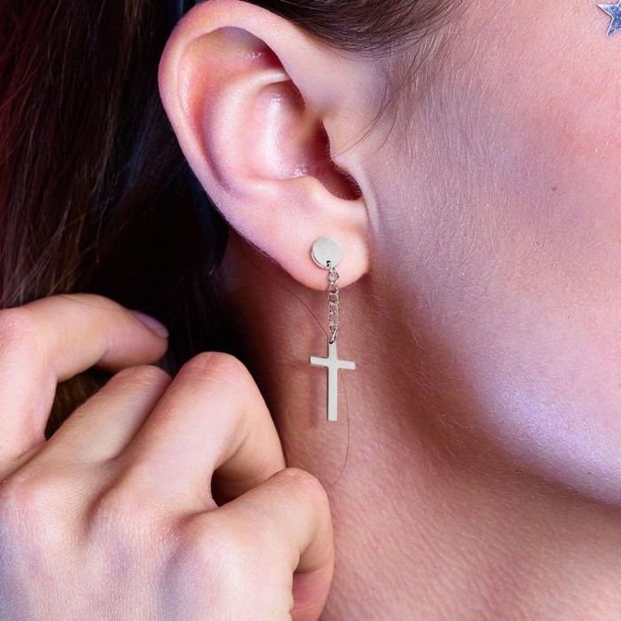 PiercedFish 2xPSFX021 Steel Earrings with Cross Shaped Pendant (Fake Plugs)