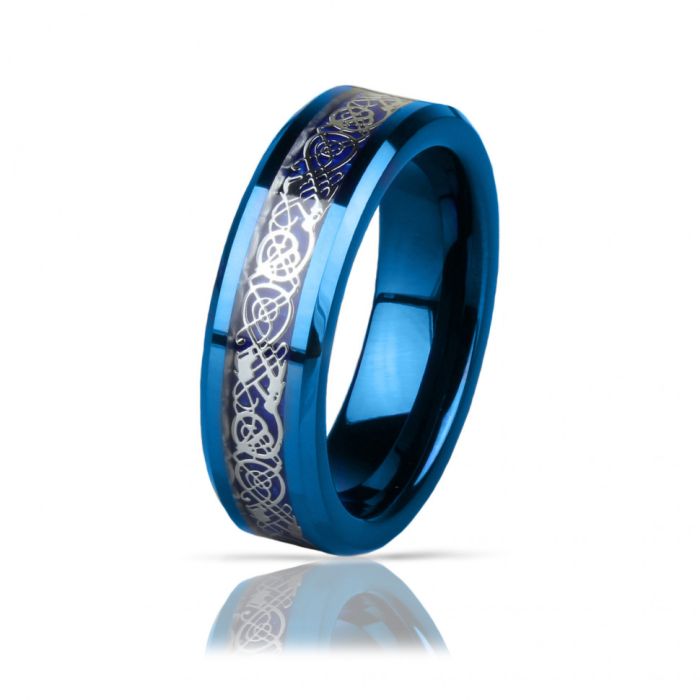 Tungsten carbide blue Lonti RTG-0031 ring with "Celtic Dragon" ornament (metal shade)