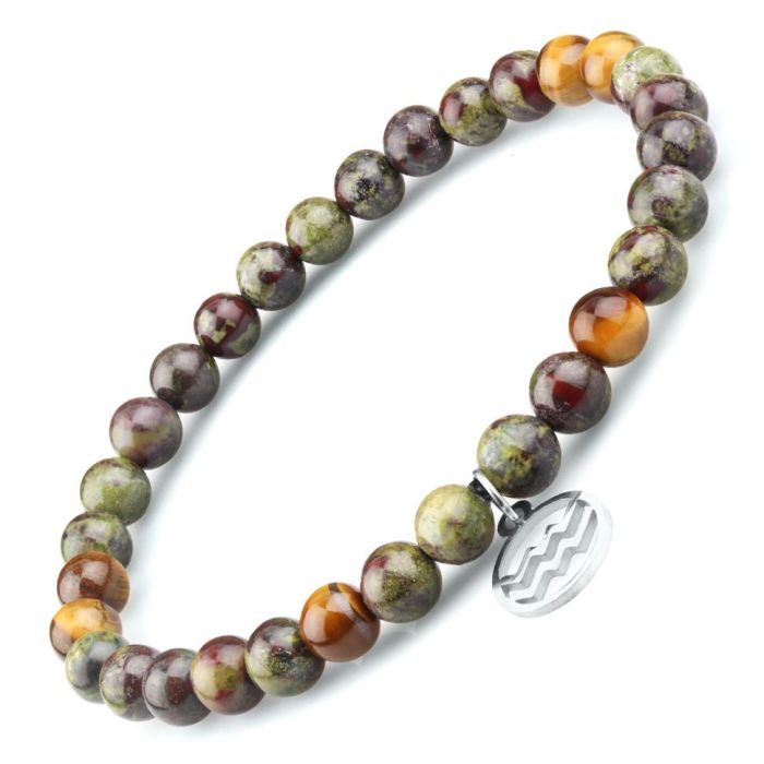 Bracelet with zodiac signs on elastic band Everiot Select LNS-6023 made of jasper and tiger eye stone