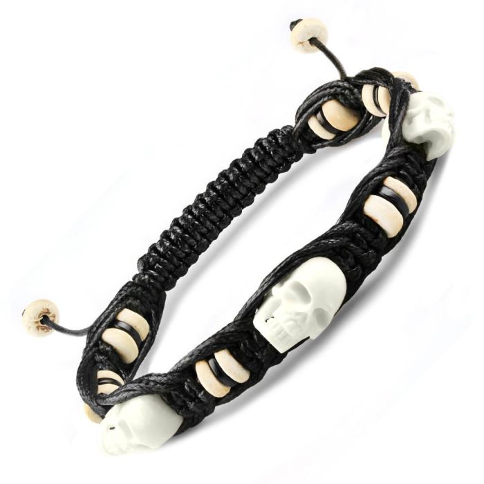 Men's Shambhala Bracelet made of wood and bone with skulls Everiot Select LNS-2153