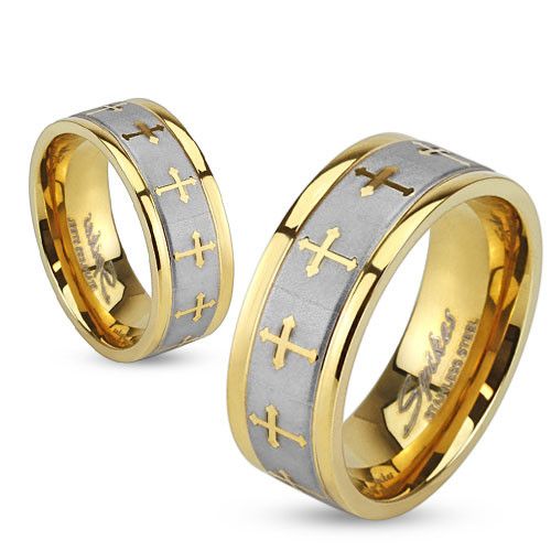Spikes R-S1419 steel ring, with gold plated border and crosses