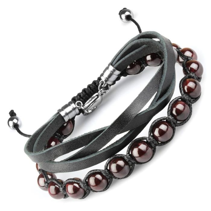 Set of two bracelets Everiot Select LNS-7003 made of garnet and leather with steel clasp