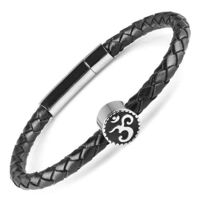 Everiot Select LNS-5029 Black Leather Braided Bracelet with Om Sign