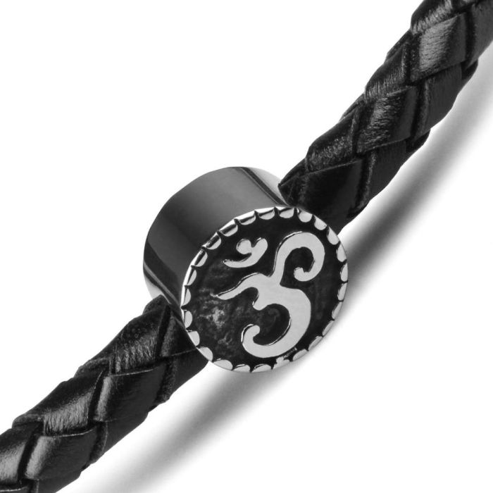 Everiot Select LNS-5029 Black Leather Braided Bracelet with Om Sign