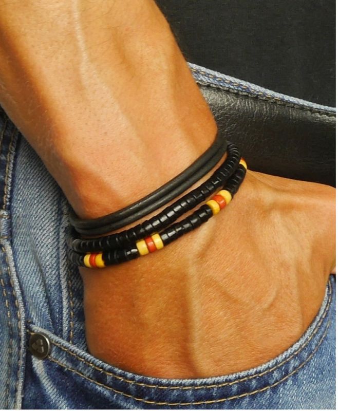 Local League CS-LBM21 Leather and Wood Men's Bracelet Set in Sporty Style