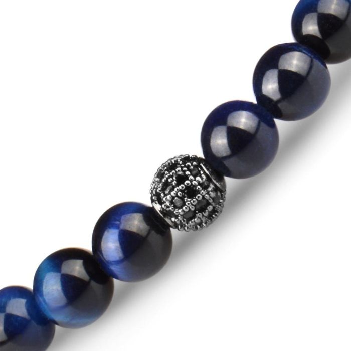 Blue bracelet on elastic band made of tiger eye stone with phianites Everiot Select LNS-2086