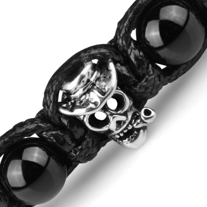 Men's Braided Shambhala Bracelet Everiot Select LNS-2081 made of Black Agate with Skulls