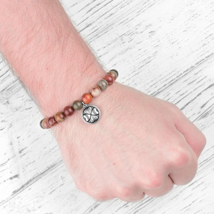 Everiot Select LNS-2183 Chambal bracelet made of jasper stones with pendant and four-leaf clover
