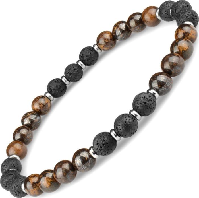 Men's bracelet on elastic band Everiot Select LNS-2034 made of lava stones and bronzite