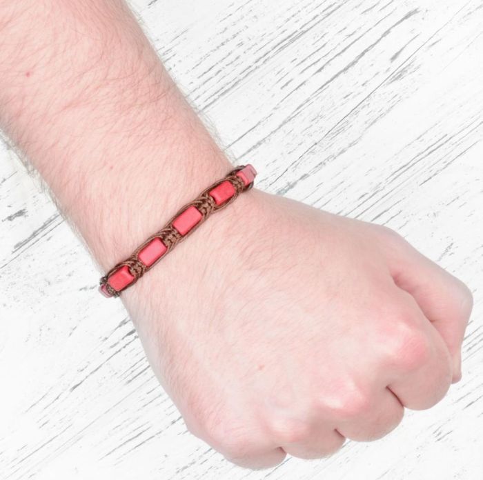 Braided Shambhala style bracelet Everiot Select LNS-2056 made of red ceramic beads