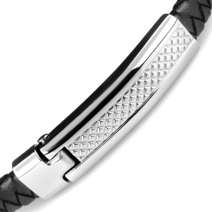Men's Everiot BC-MJ-1750-BK Black Braided Leather Bracelet with Metal Insert