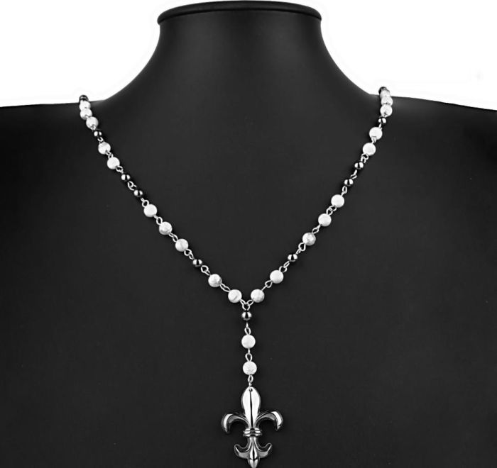 Beads (rosary) Everiot Select LNS-3120 made of hematite and cacholong with pendant "Heraldic Lily"
