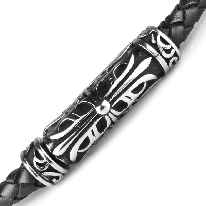 Braided men's bracelet made of leather Everiot Select LNS-5005 with a cross