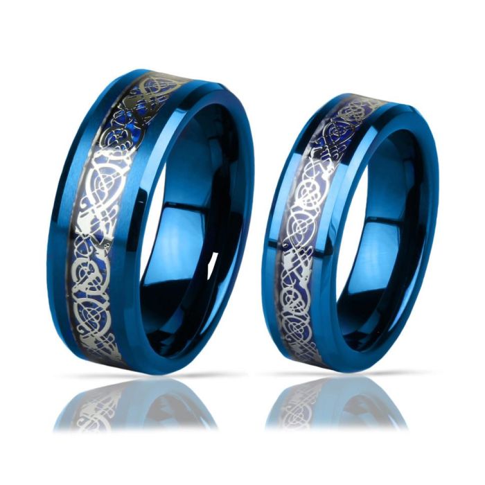 Blue tungsten carbide ring Lonti RTG-0030 with "Celtic Dragon" pattern (golden shade)