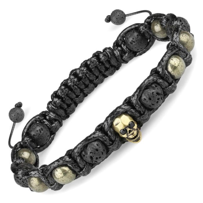 Men's Shambhala Bracelet made of Everiot Select LNS-2192 Lava Stone and Pyrite with Skull