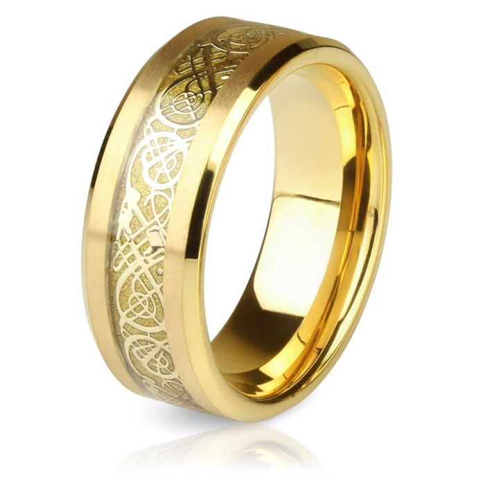 Lonti RTG-0035 Tungsten Carbide Ring with "Celtic Dragon" pattern on gold background