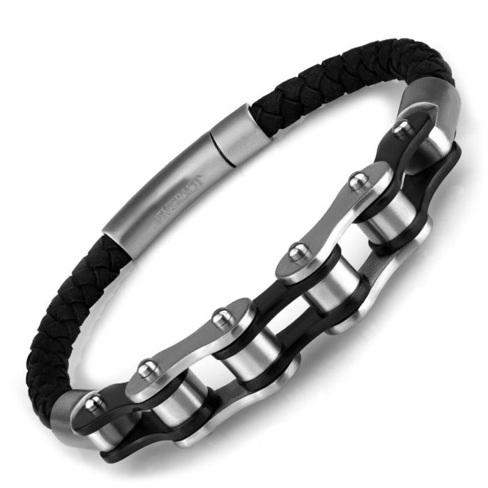 Everiot SP-MJ-150519/150514 Men's Leather Bracelet with Steel Bike Chain