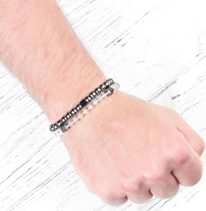 Bracelet in two turns on an elastic band made of rock crystal, hematite Everiot Select LNS-2146