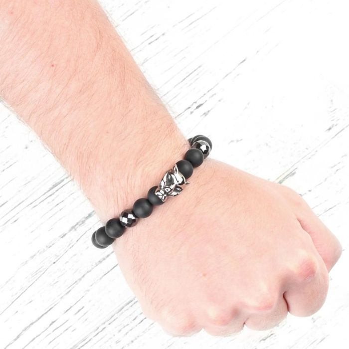 Black men's bracelet "Panther" of agate and hematite on elastic band Everiot Select LNS-2055