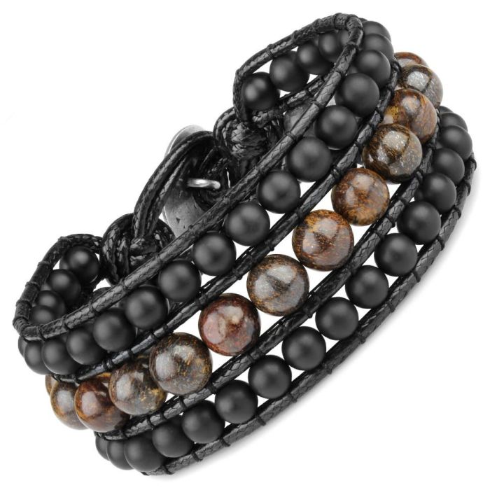 Wide braided bracelet Everiot Select LNS-2225 made of black agate and bronzite
