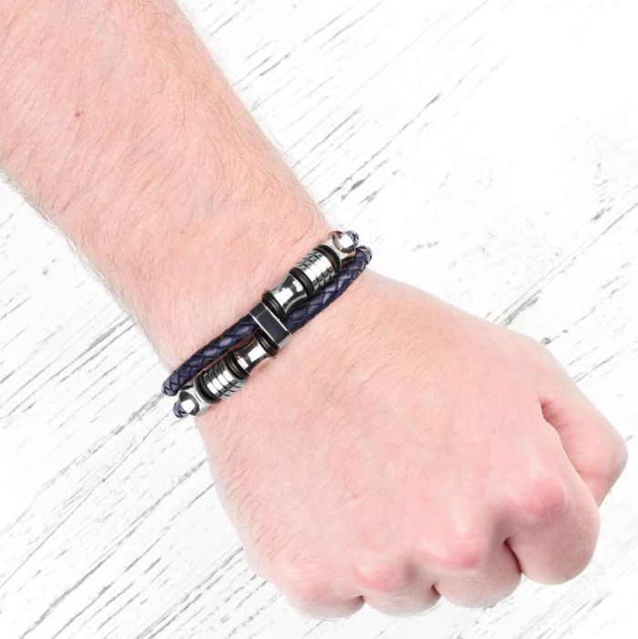 Men's blue leather bracelet Everiot Select LNS-5032 with steel charms