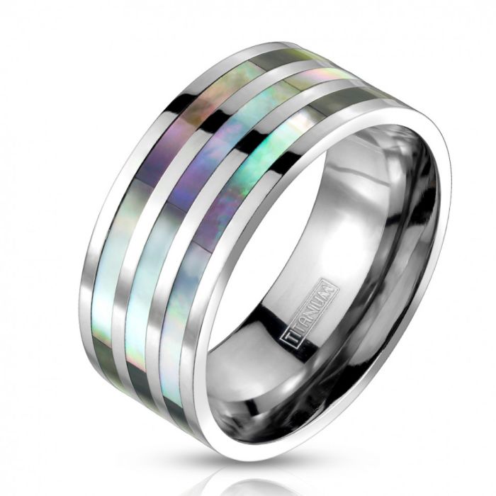 Spikes R-TI-0571 titanium ring with mother-of-pearl stripes
