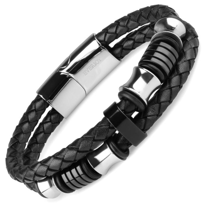 Men's black leather Everiot Select LNS-5033 bracelet with steel charms
