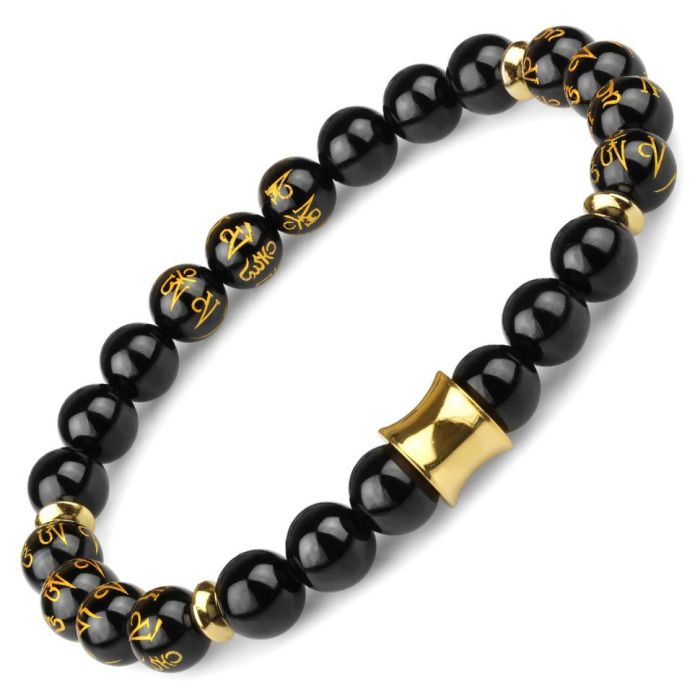 Bracelet of black agate with mantras Everiot Select LNS-2230 on an elastic band