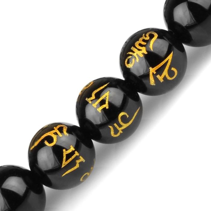 Bracelet of black agate with mantras Everiot Select LNS-2230 on an elastic band
