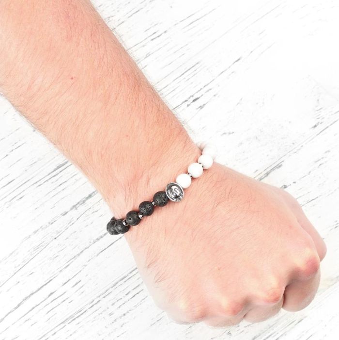 Black and white lava and cajolong rubber band bracelet with Buddha head Everiot Select LNS-2050