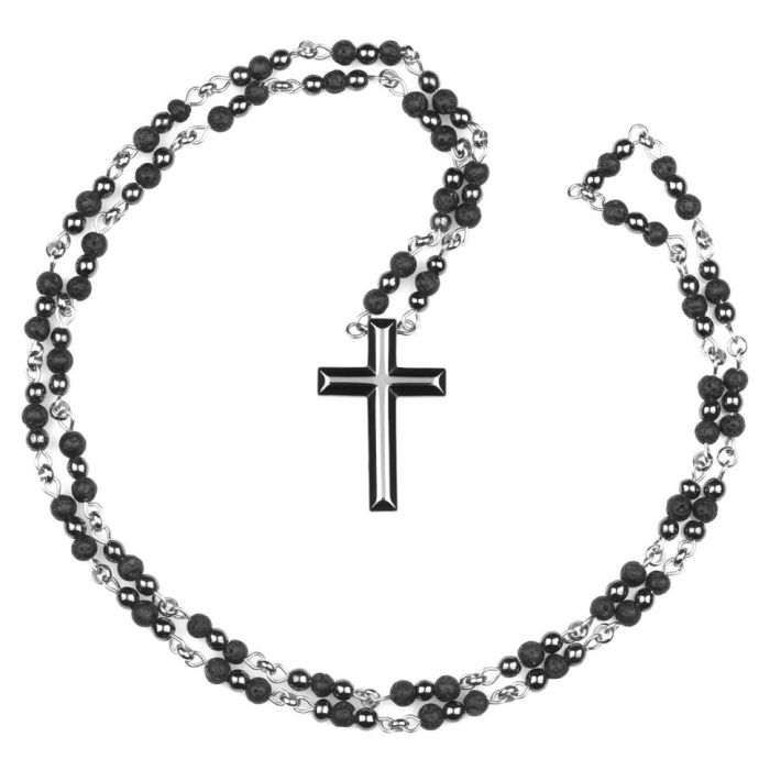 Everiot Select LNS-2264 volcanic lava and hematite rosary with cross