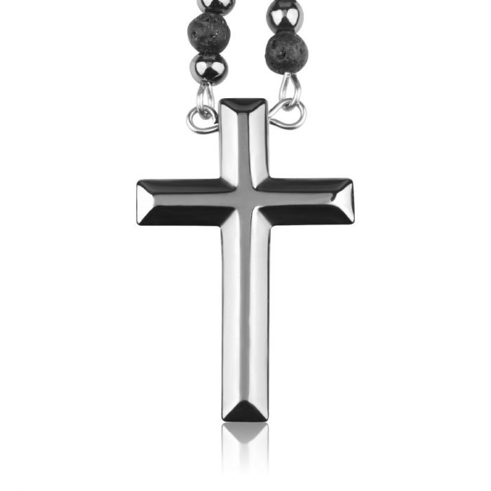 Everiot Select LNS-2264 volcanic lava and hematite rosary with cross
