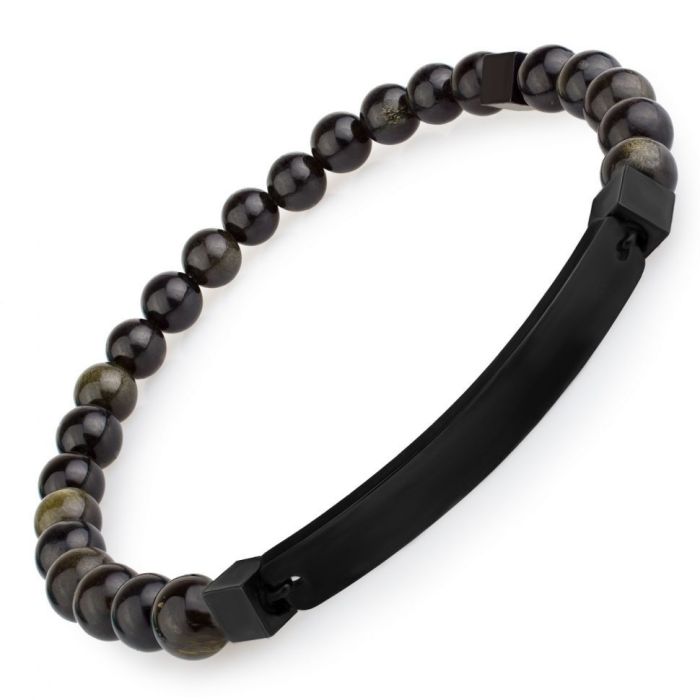 Men's bracelet made of gold obsidian with engraving plate Everiot Select LNS-2298 on elastic band