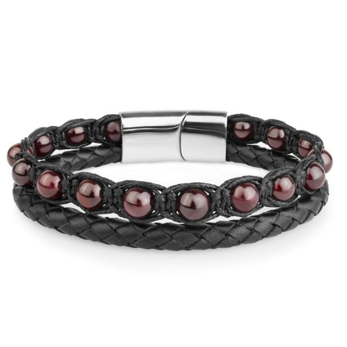 Set of two men's bracelet Everiot Select LNS-2300 made of garnet and leather