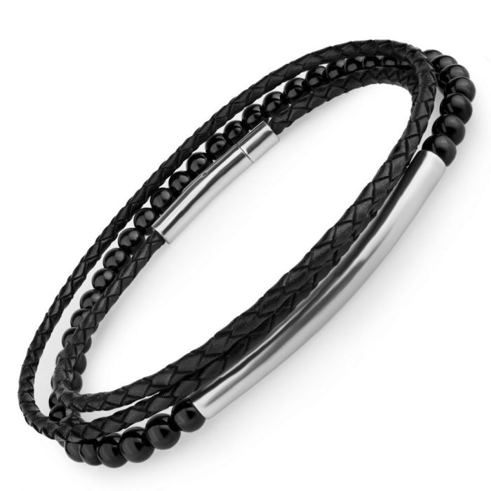 Set of two men's bracelets Everiot Select LNS-7011 in agate and black leather