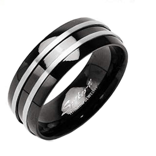 Spikes R-TI-3066L black titanium ring with metal stripes