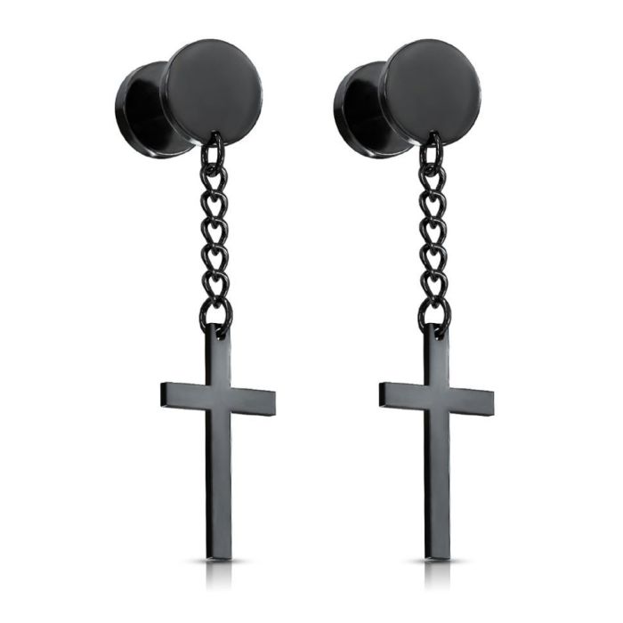PiercedFish 2xPSFX021 Steel Earrings with Cross Shaped Pendant (Fake Plugs)