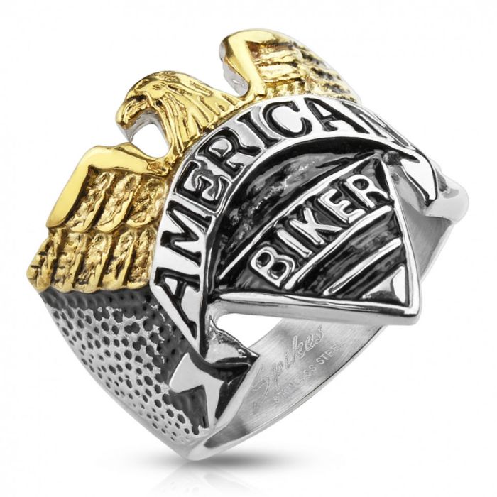 Men's Steel Spikes R-S1006 Biker Ring with eagle and inscription