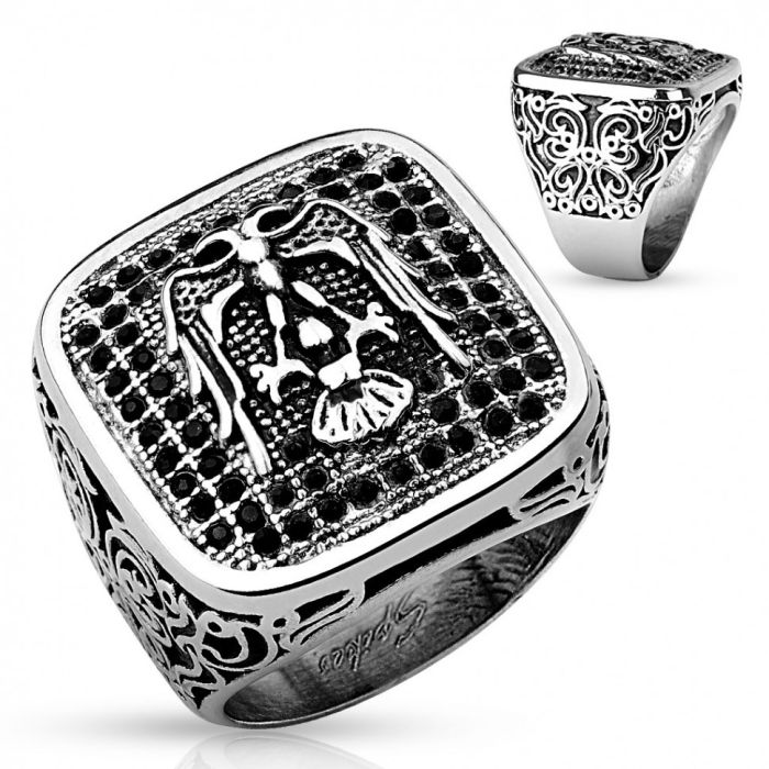 Spikes R-H9834 Men's Steel Ring with Eagle and Phianites