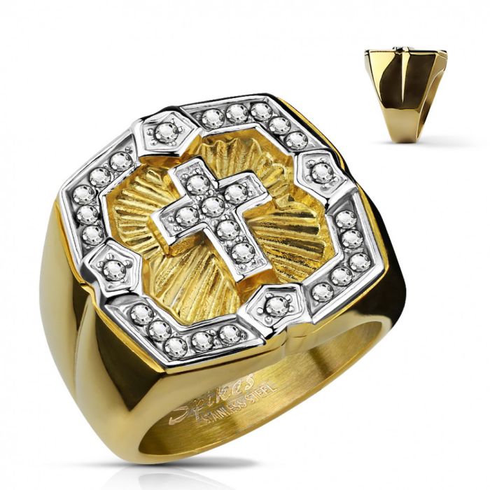 Spikes R-H19098G Men's Steel Ring with Catholic Cross and Phianites