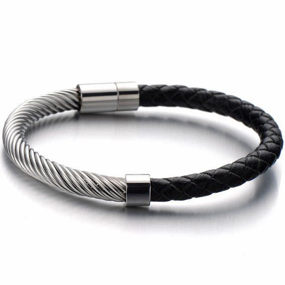 Men's Everiot BC-MJ-1623 Leather Hard Bracelet with Metal Insert