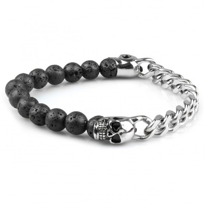 Men's bracelet Everiot STB-MJ-1723 made of lava with skulls and chain made of jewelry steel