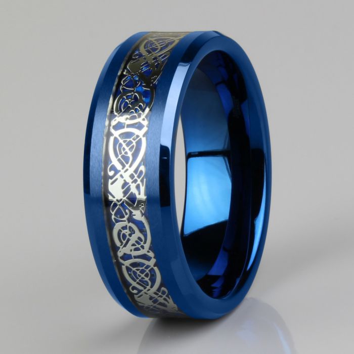 Tungsten carbide blue Lonti RTG-0031 ring with "Celtic Dragon" ornament (metal shade)