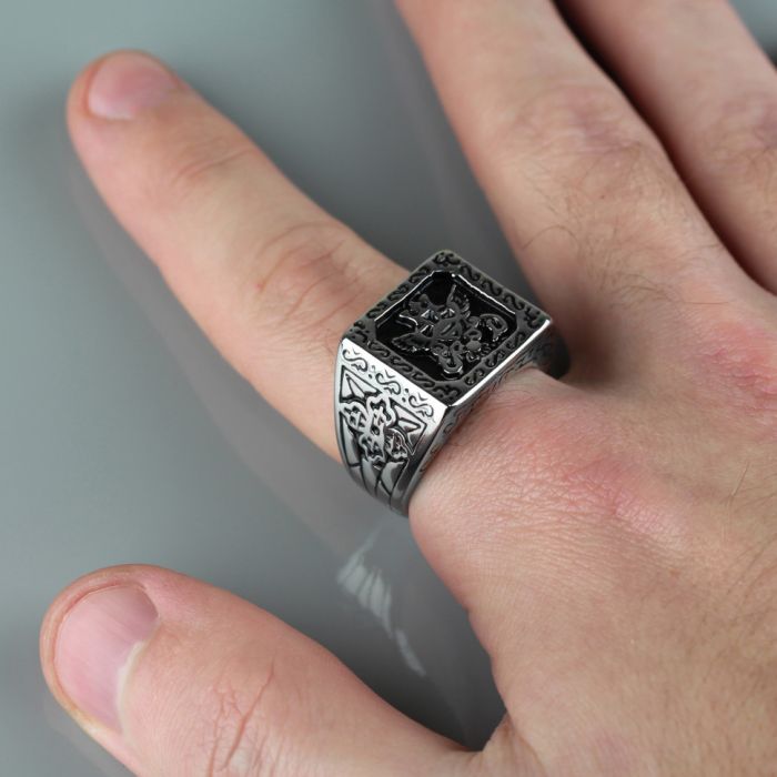 Spikes R-H2015 Men's Steel Ring with Double Headed Eagle