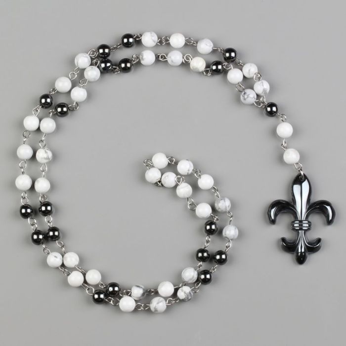Beads (rosary) Everiot Select LNS-3120 made of hematite and cacholong with pendant "Heraldic Lily"