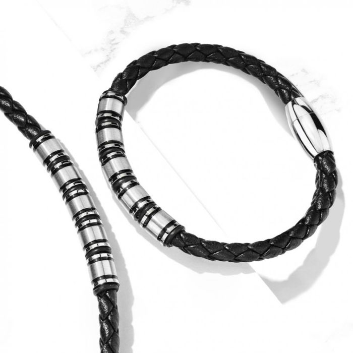 TATIC SLQ-1011K Black Men's Slim Braided Eco Leather Bracelet
