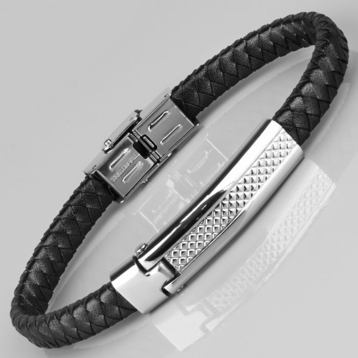 Men's Everiot BC-MJ-1750-BK Black Braided Leather Bracelet with Metal Insert